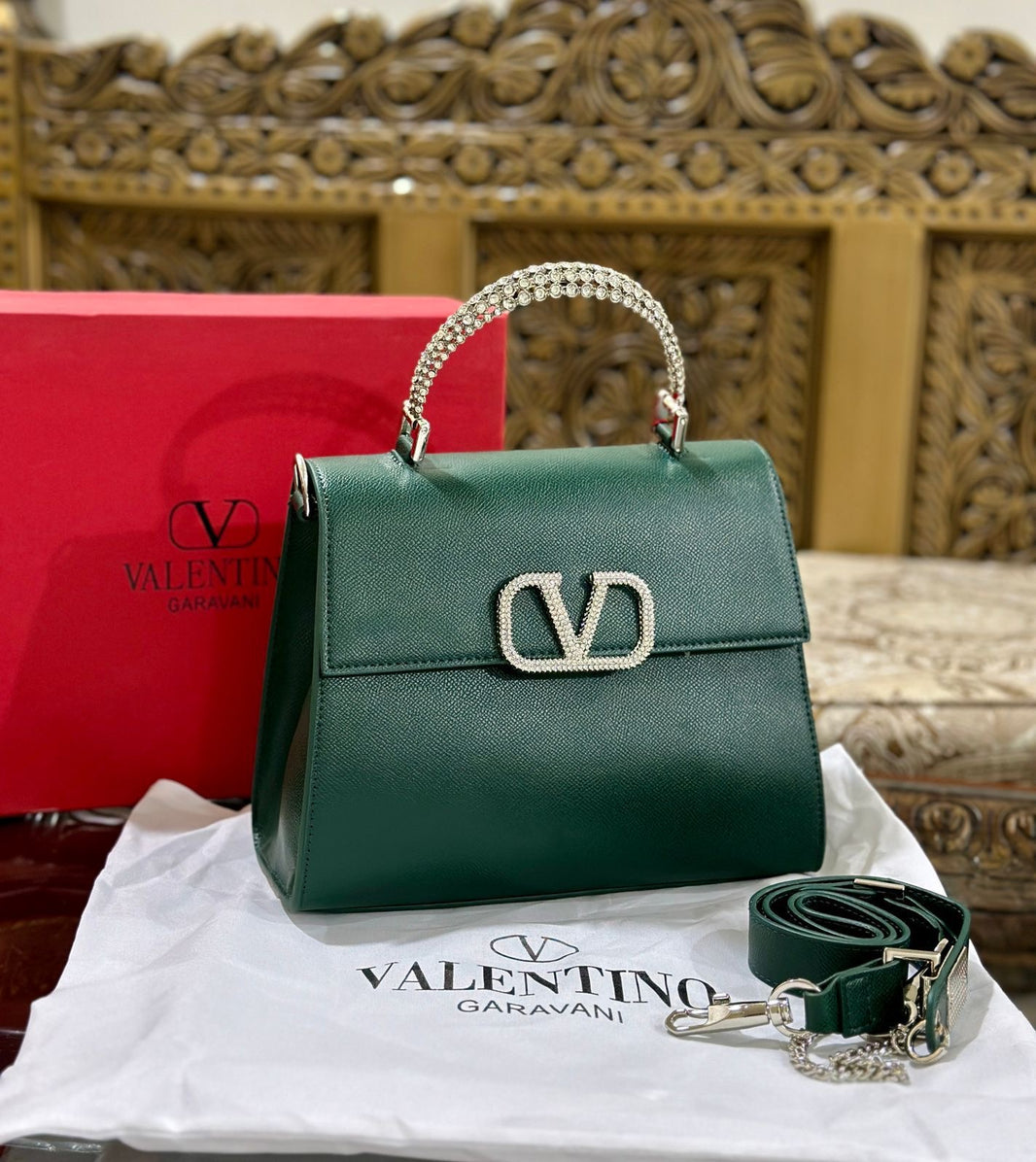 Valentino Stone Embelished Leather Crafted Handbag