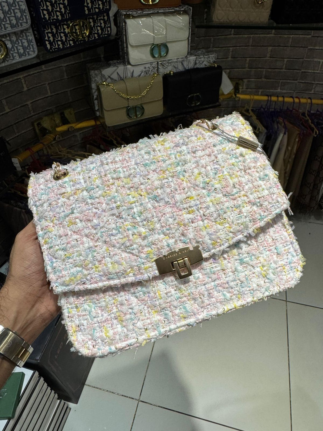 Charles And Keith Tweed Chain Strap Bag