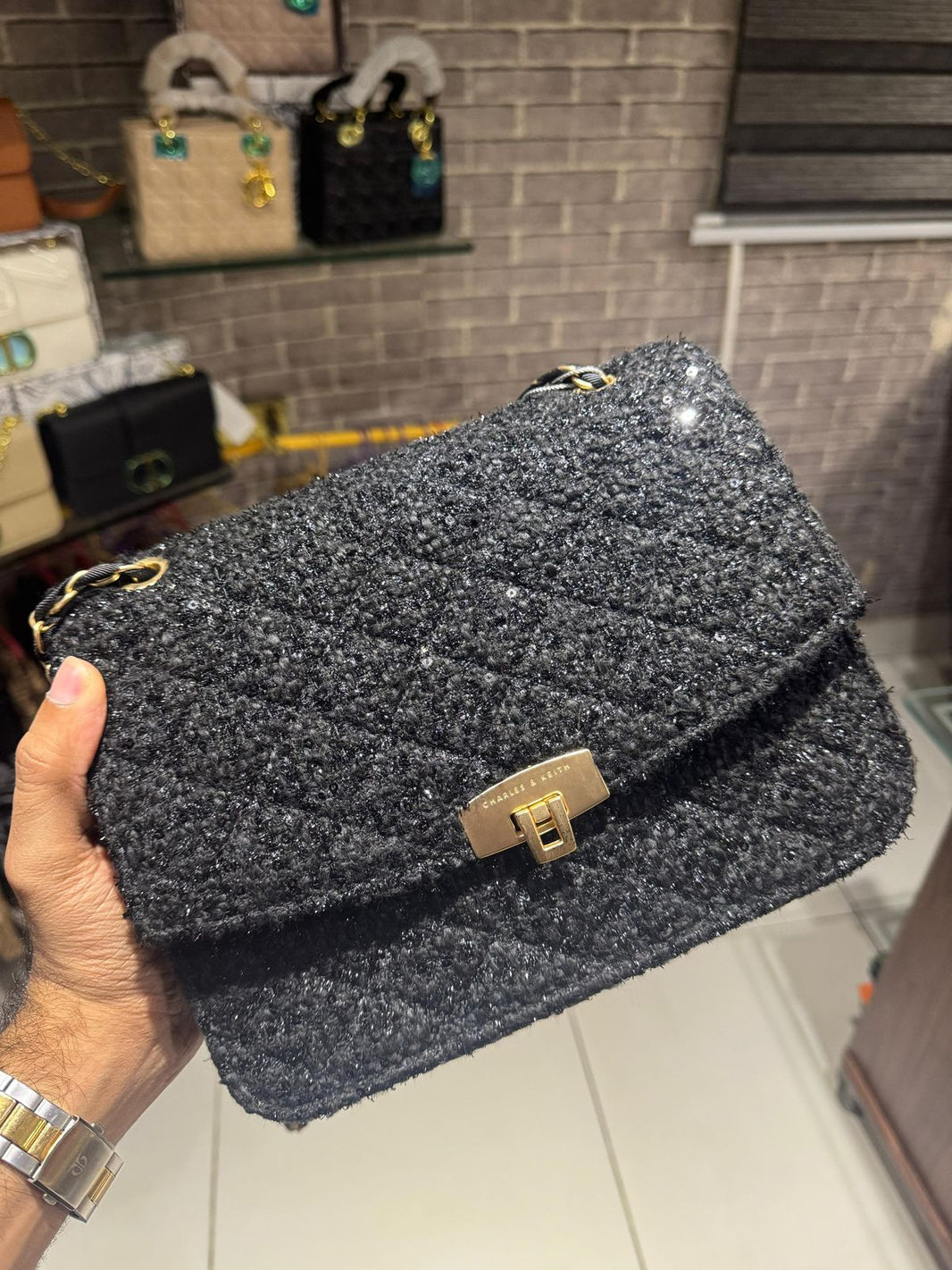 Charles And Keith Tweed Chain Strap Bag
