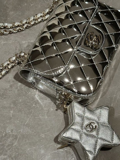 24C Chanel Mirrored Metallic Backpack With Star Coin Purse
