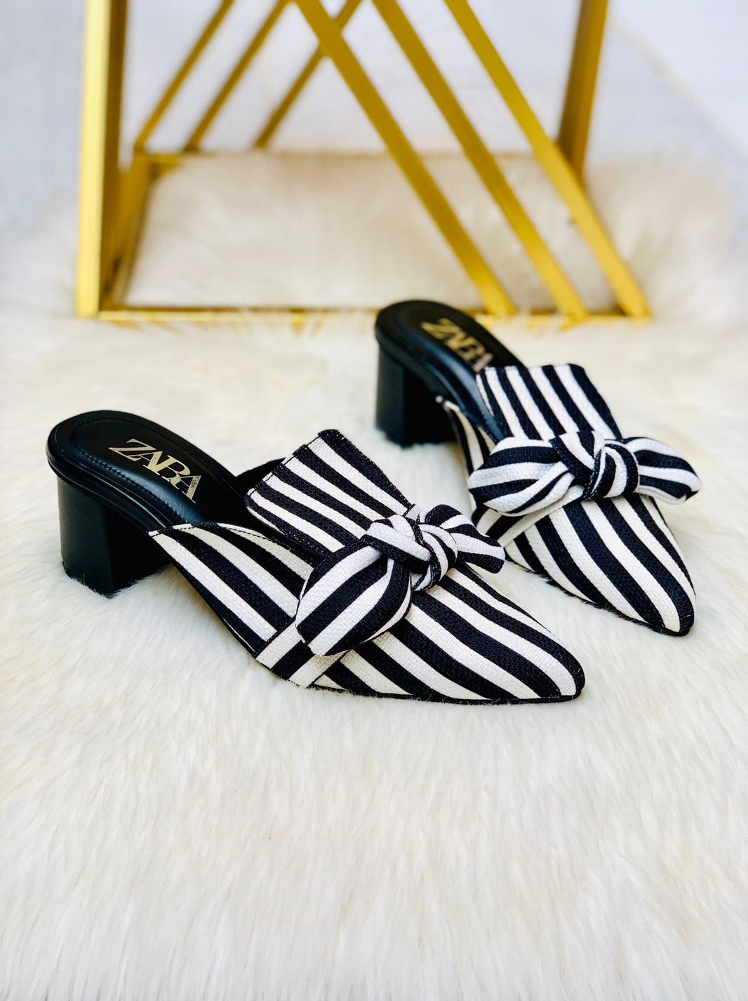 Zara Bow Knot Striped Pointed Mules