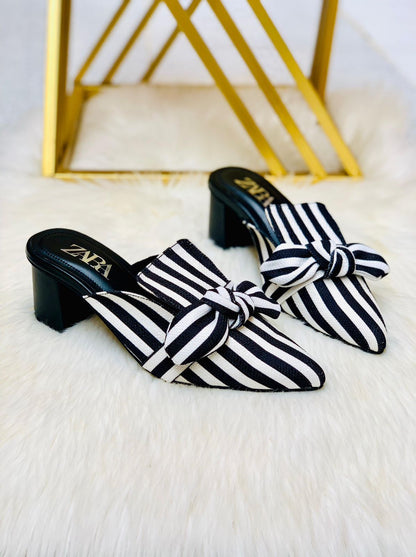 Zara Bow Knot Striped Pointed Mules