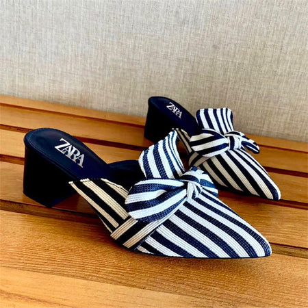 Zara Bow Knot Striped Pointed Mules