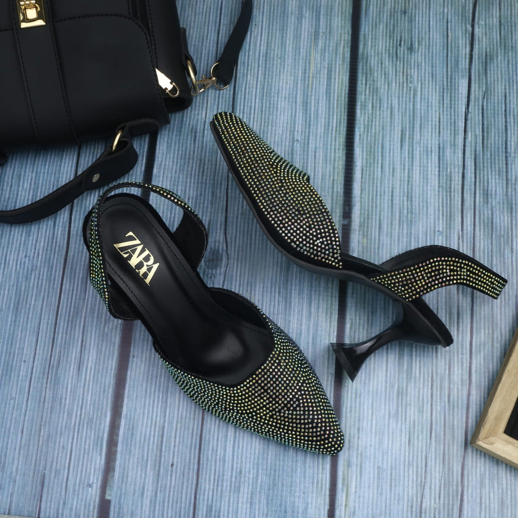 Zara Stone Embellished Kitten Heels