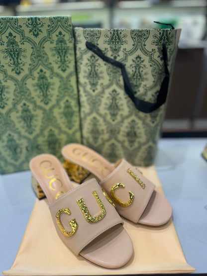 Gg Heeled Sandals with Gold-Tone Logo Detailing
