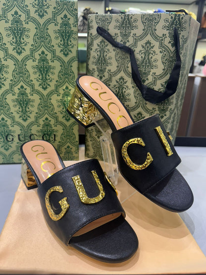 Gg Heeled Sandals with Gold-Tone Logo Detailing